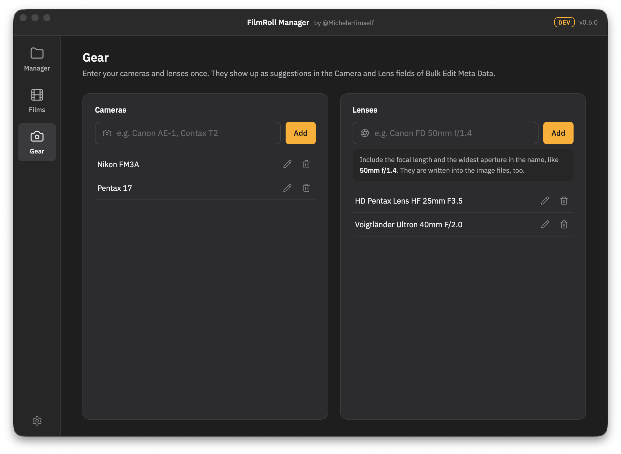 The Gear page of FilmRoll Manager with saved cameras and lenses