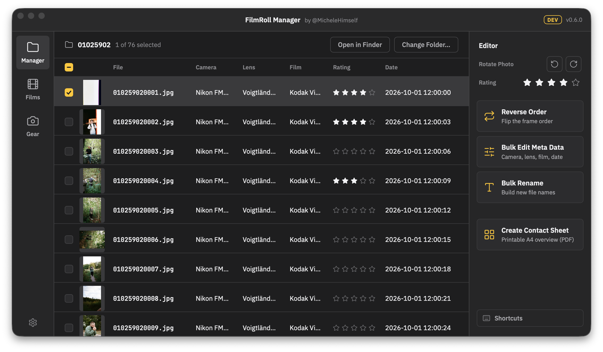 The FilmRoll Manager window showing a list of scanned frames with camera, lens, film, rating and date